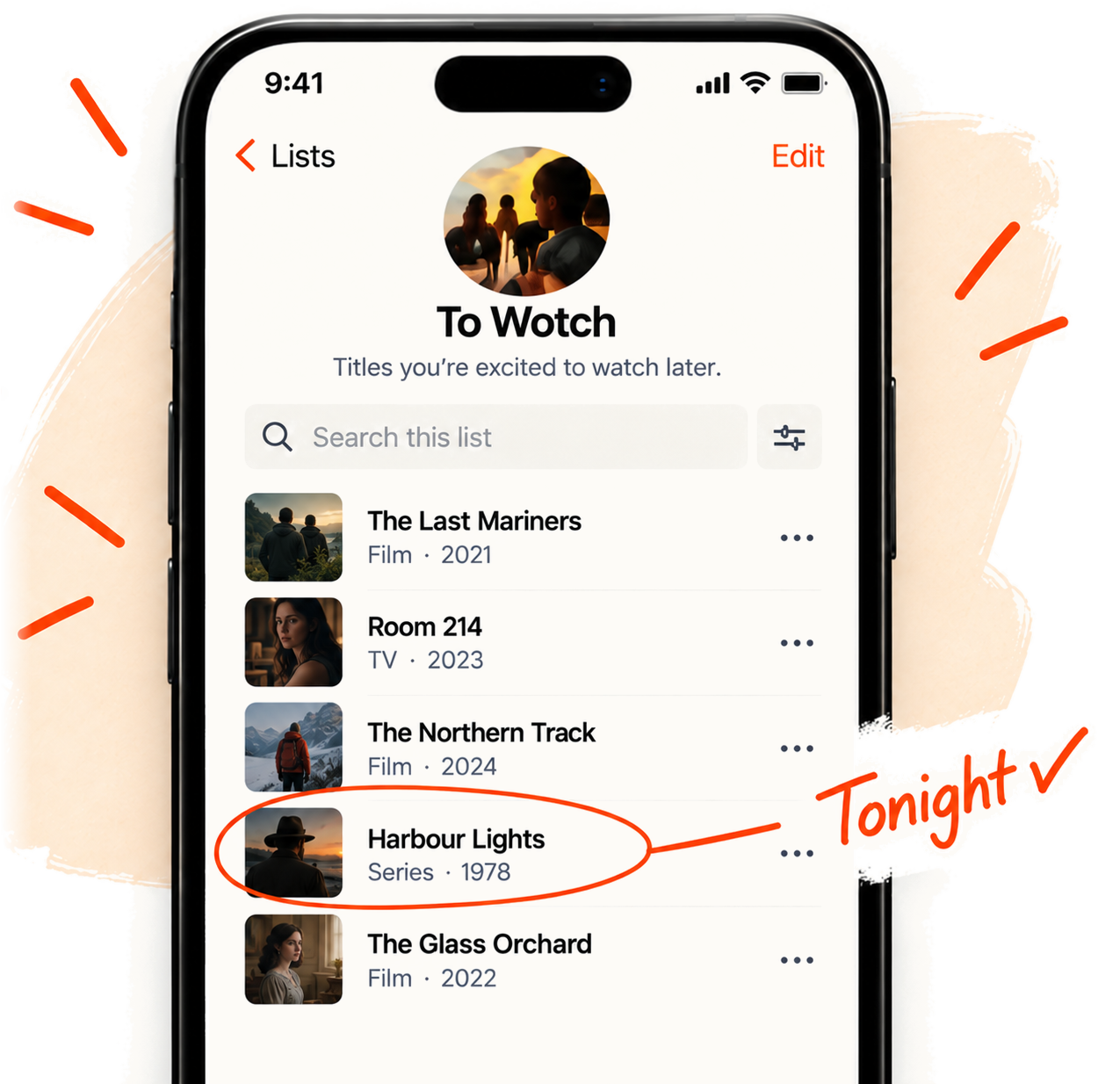 The To Watch list in the wotchd app, with one title marked Tonight