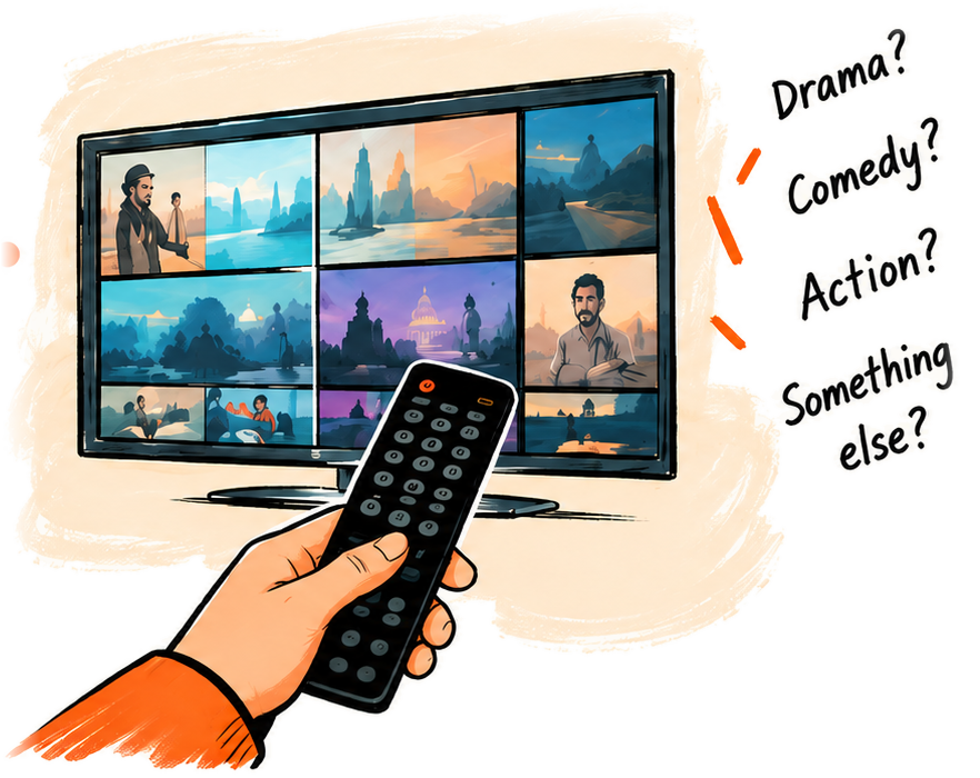 A hand pointing a remote at a TV full of shows, with the questions: Drama? Comedy? Action? Something else?
